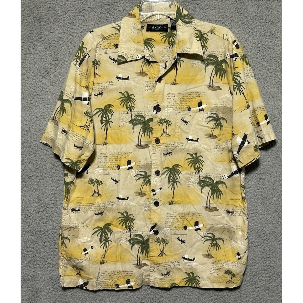 Cactus Hawaiian Button Down Shirt Mens L Planes And Palm Trees Rayon Blend